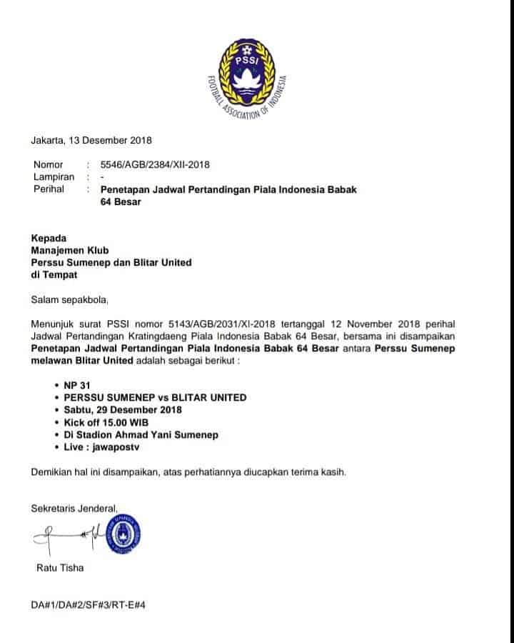 Surat keputusan PSSI terkait jadwal pertandingan Perssu Sumenep melawan Blitar United