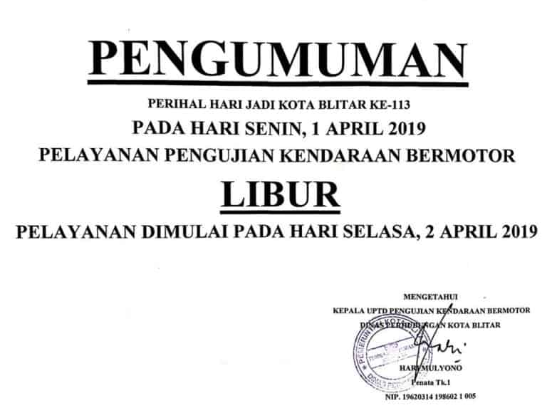 Pemberitahuan dari Dishub Kota Blitar
