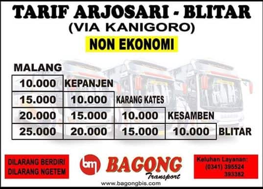 Tarif bus Bagong Malang - Blitar PP