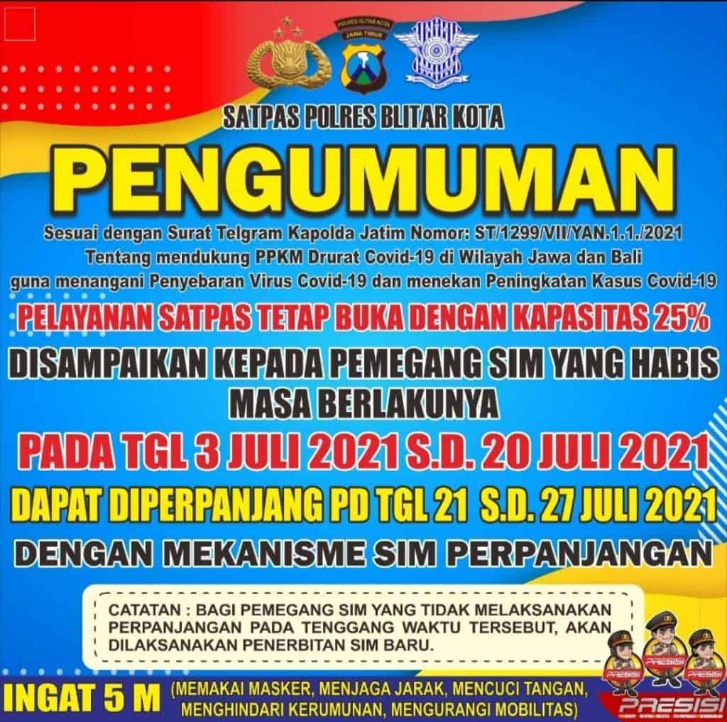 Layanan Perpanjangan SIM Polres Blitar Kota dan Kabupaten Masa PPKM Darurat 2