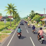 Ilustrasi pengendara sepeda motor berhelm melaju tertib di jalan tepi sawah