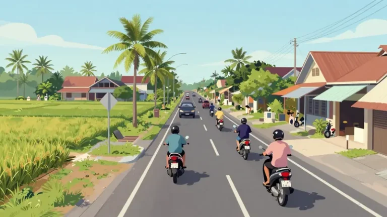Ilustrasi pengendara sepeda motor berhelm melaju tertib di jalan tepi sawah