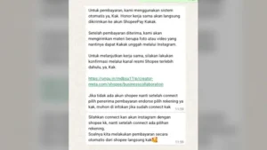 Tangkapan layar percakapan WhatsApp berisi tawaran kerja sama iklan yang mengaku dari Shopee