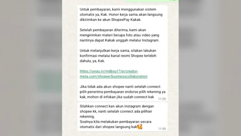 Tangkapan layar percakapan WhatsApp berisi tawaran kerja sama iklan yang mengaku dari Shopee