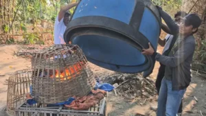 Tiga pria menutup api yang membakar kurungan bambu dengan drum biru di pekarangan berumpun bambu